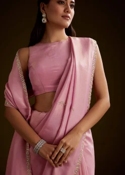 Pink Tissue Saree With Cutdana Embroidery And Scallop Border
