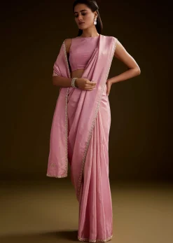 Pink Tissue Saree With Cutdana Embroidery And Scallop Border