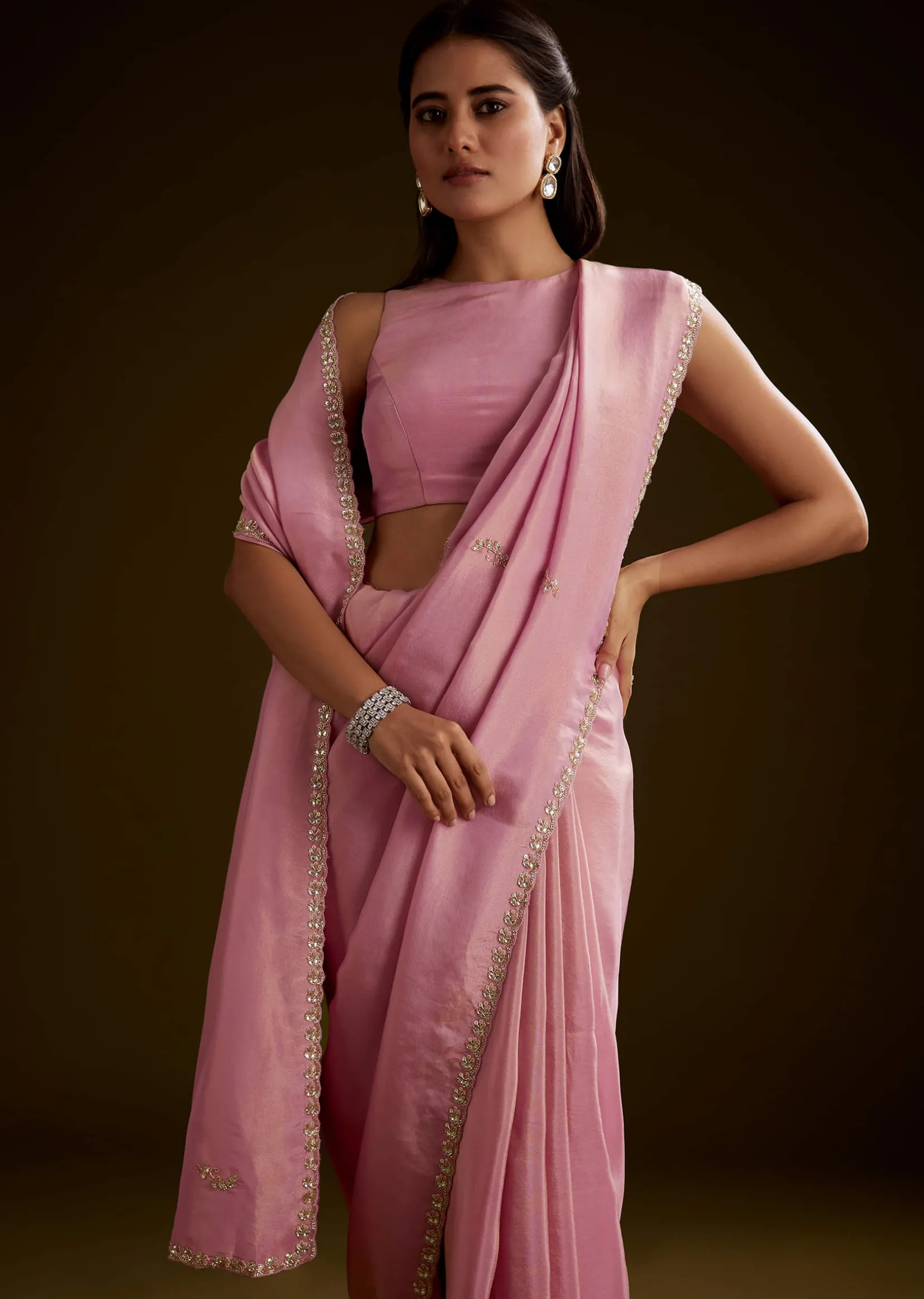 Pink Tissue Saree With Cutdana Embroidery And Scallop Border