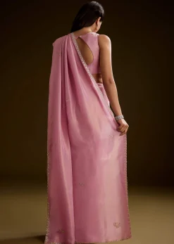 Pink Tissue Saree With Cutdana Embroidery And Scallop Border
