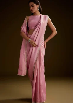Pink Tissue Saree With Cutdana Embroidery And Scallop Border