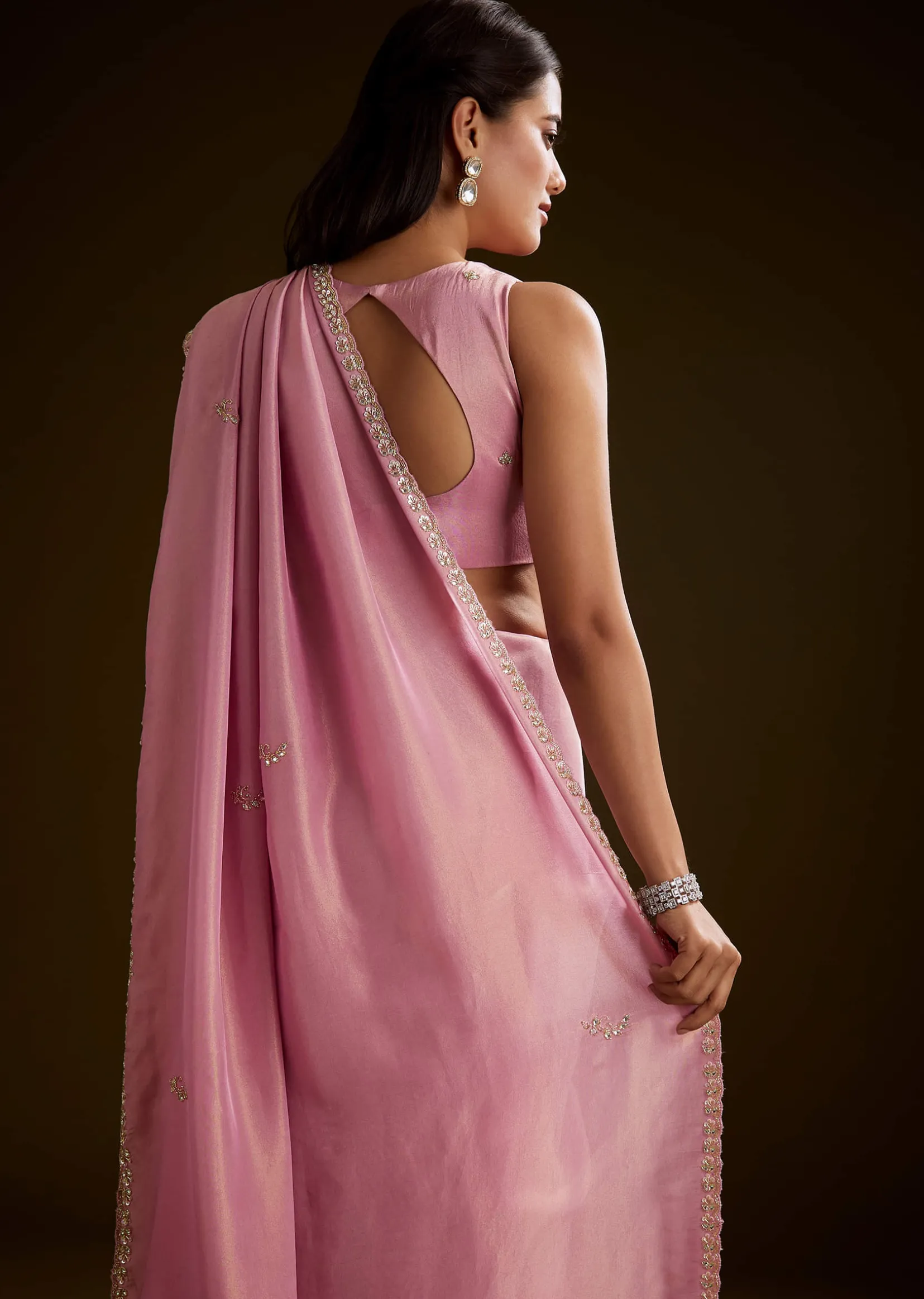 Pink Tissue Saree With Cutdana Embroidery And Scallop Border