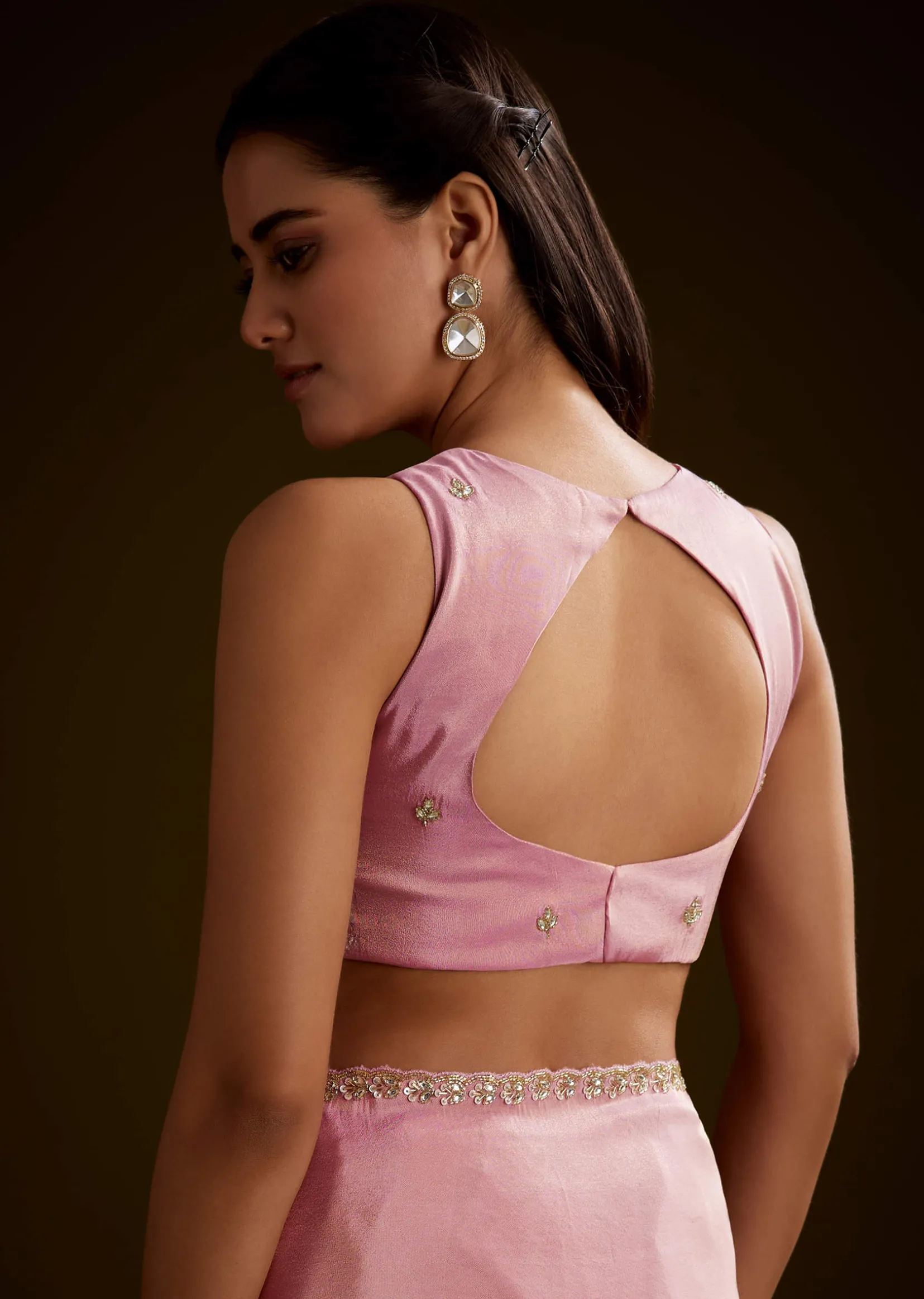 Pink Tissue Saree With Cutdana Embroidery And Scallop Border