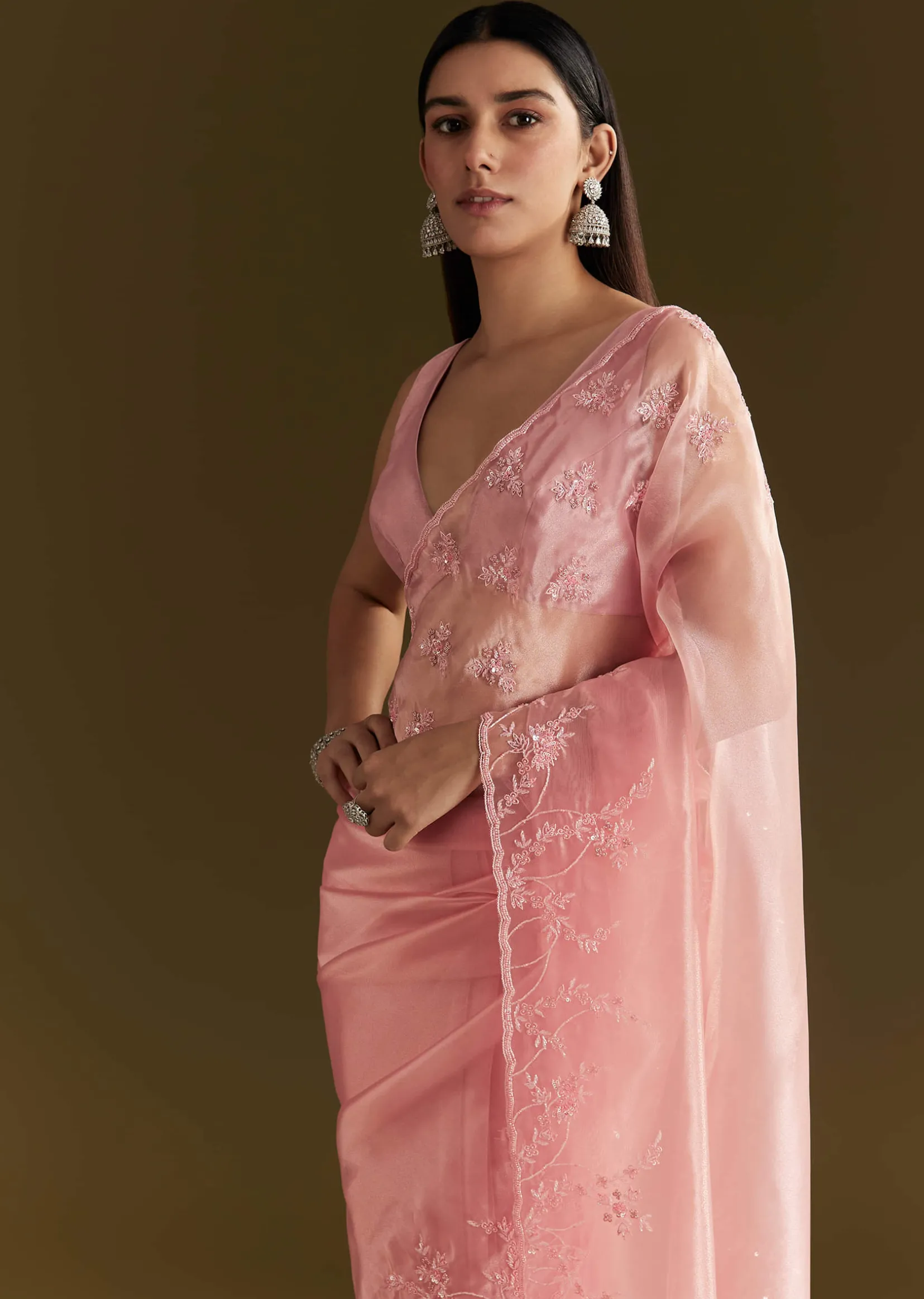 Pink Tissue Saree With Heavy Cutdana And Beads Embroidery