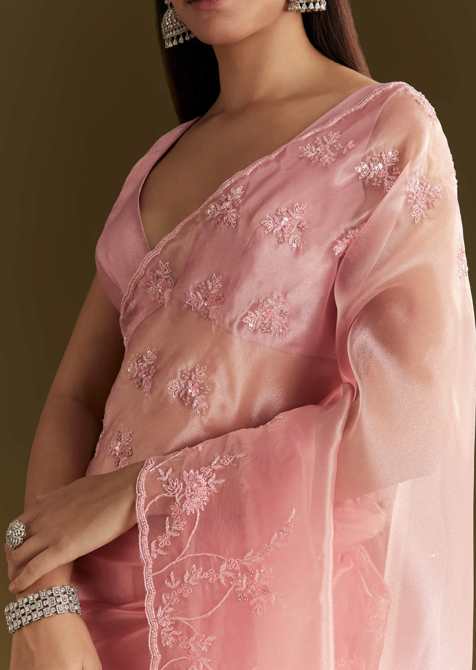Pink Tissue Saree With Heavy Cutdana And Beads Embroidery