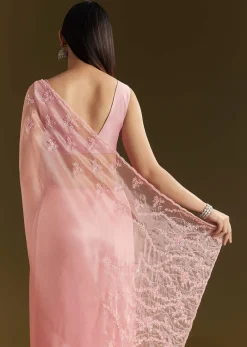 Pink Tissue Saree With Heavy Cutdana And Beads Embroidery