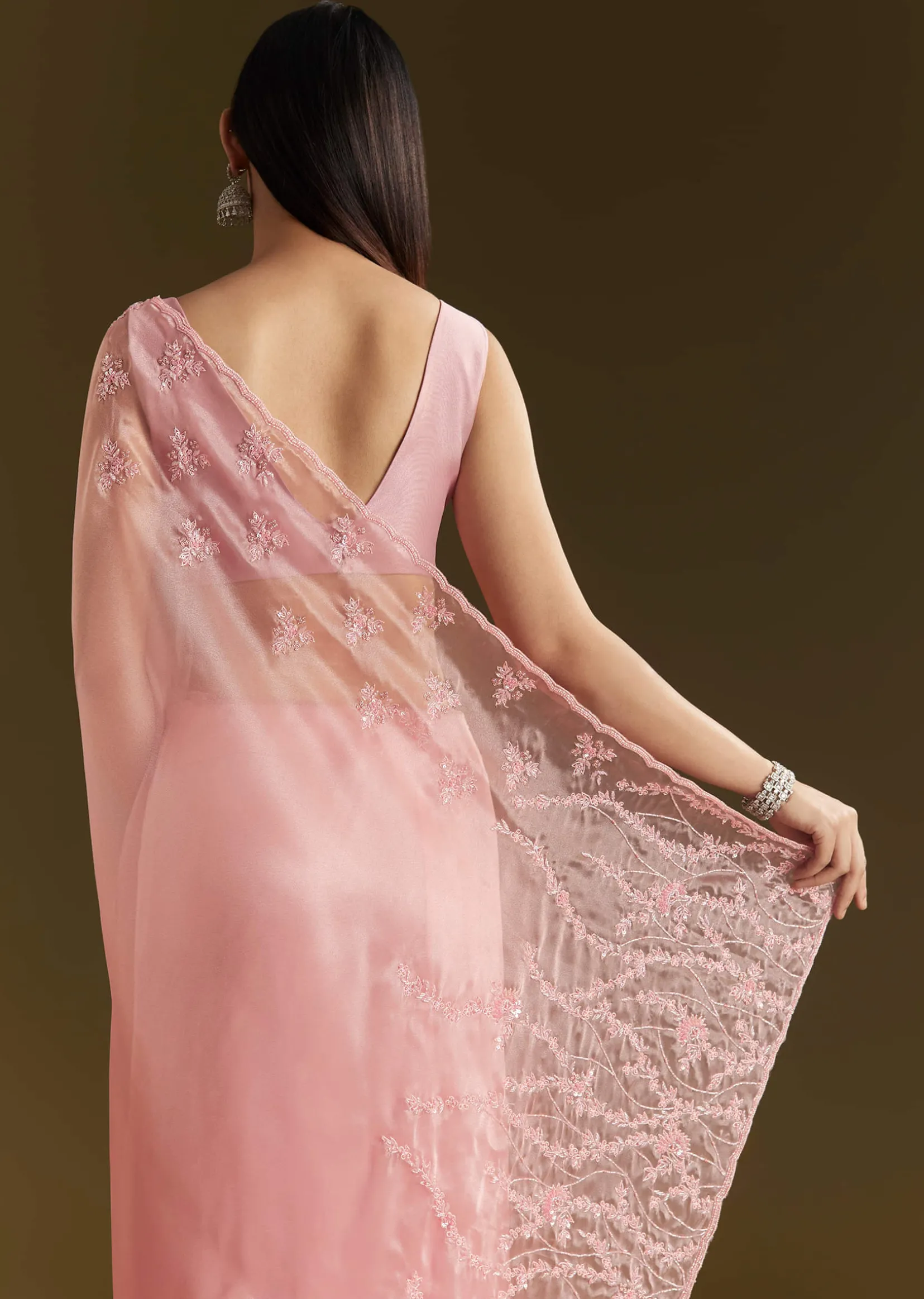 Pink Tissue Saree With Heavy Cutdana And Beads Embroidery