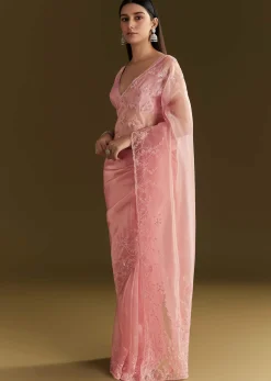 Pink Tissue Saree With Heavy Cutdana And Beads Embroidery