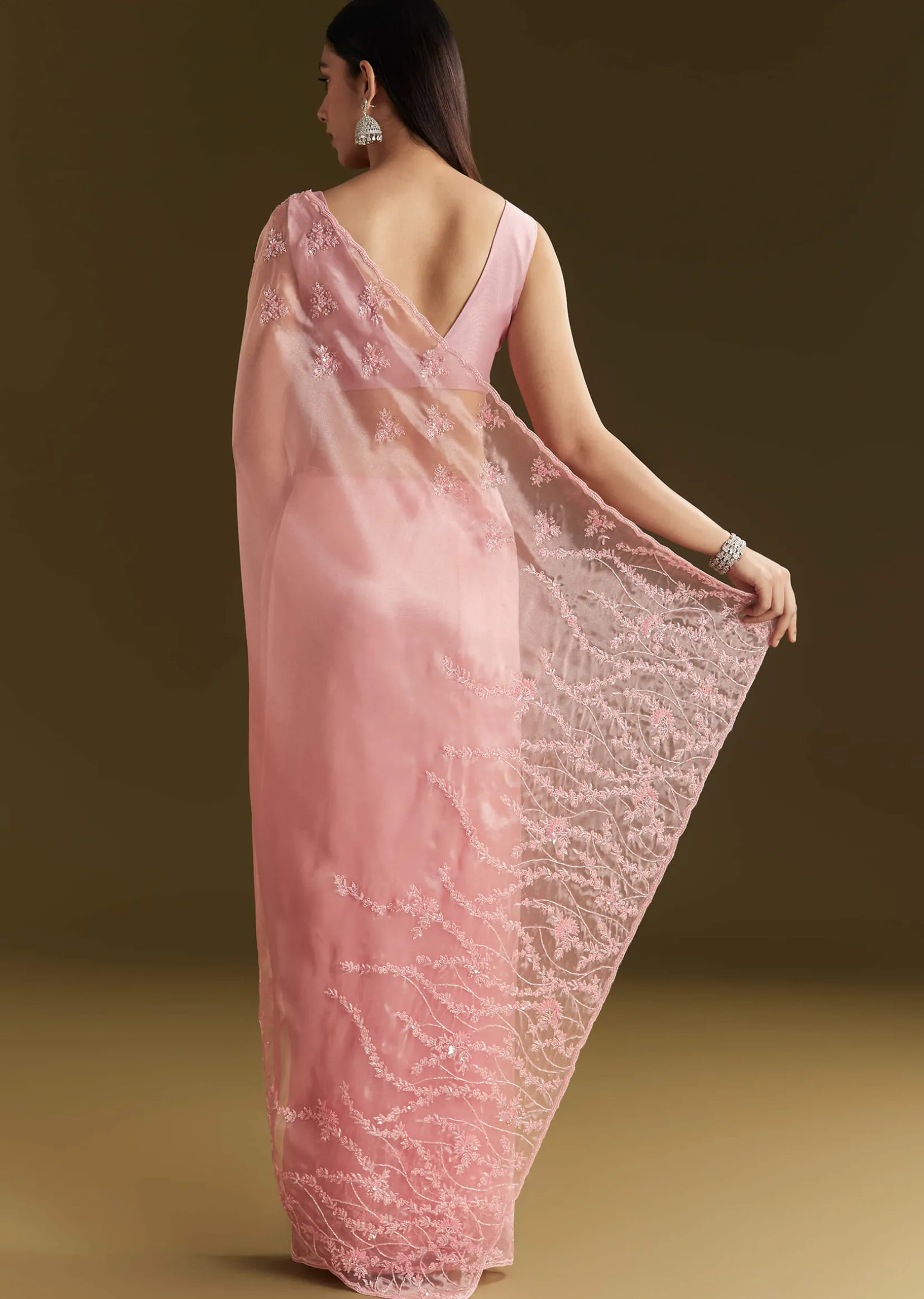 Pink Tissue Saree With Heavy Cutdana And Beads Embroidery