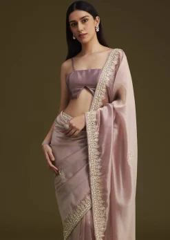 Pink Tissue Saree With Mirror And Sequins Embroidery