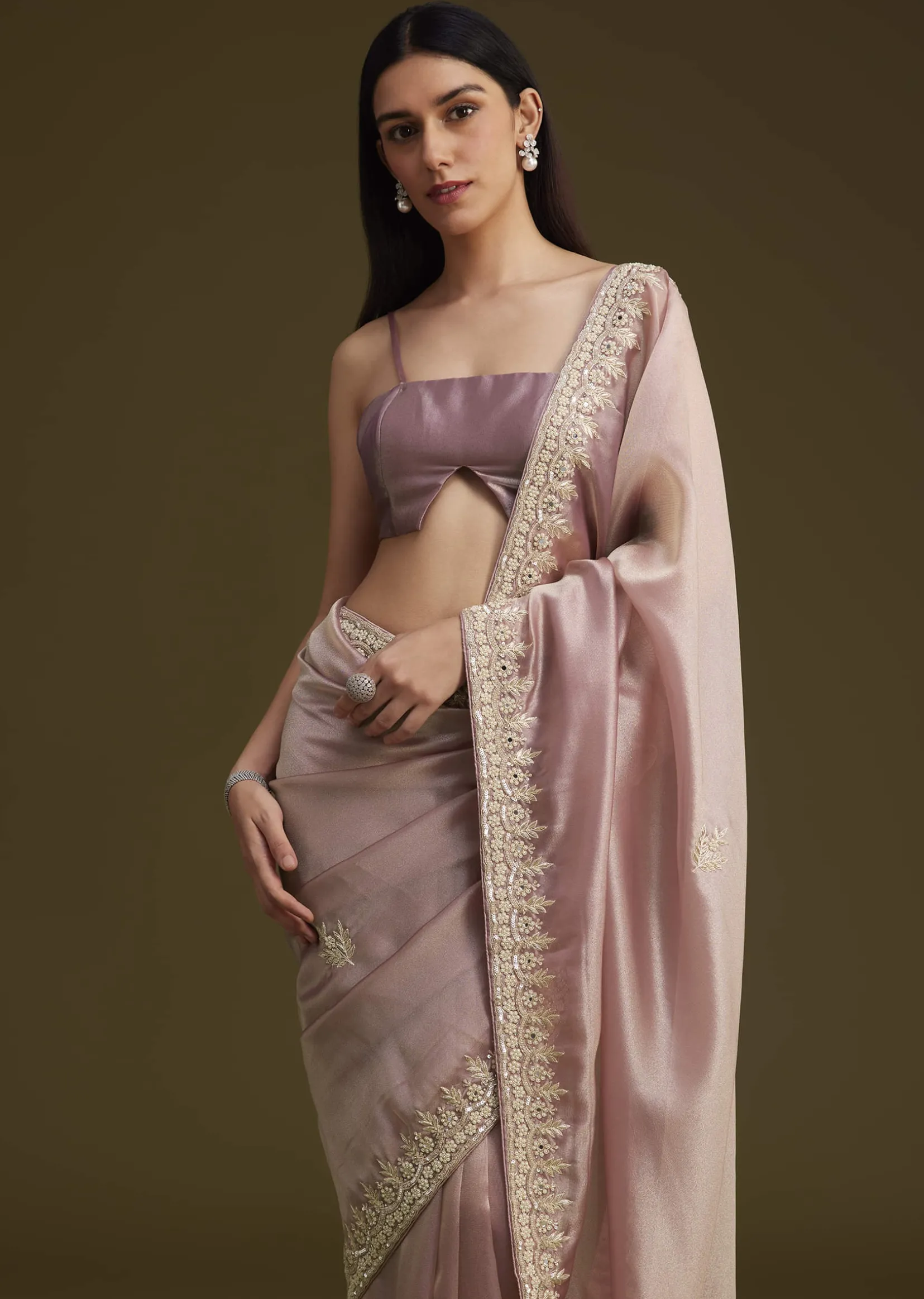 Pink Tissue Saree With Mirror And Sequins Embroidery