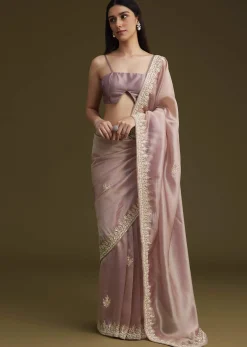 Pink Tissue Saree With Mirror And Sequins Embroidery