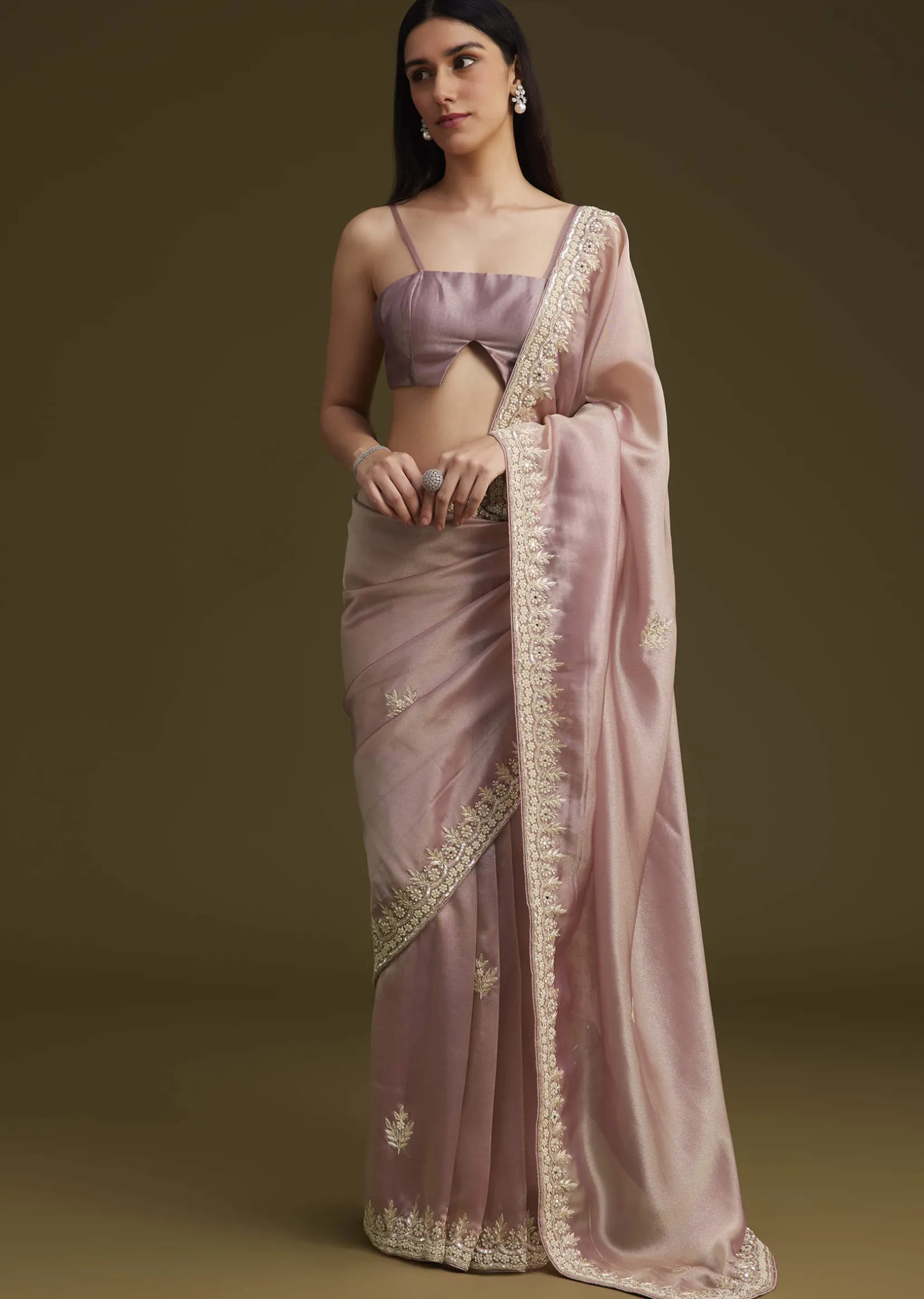 Pink Tissue Saree With Mirror And Sequins Embroidery