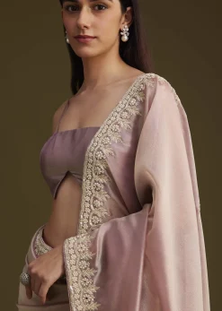 Pink Tissue Saree With Mirror And Sequins Embroidery