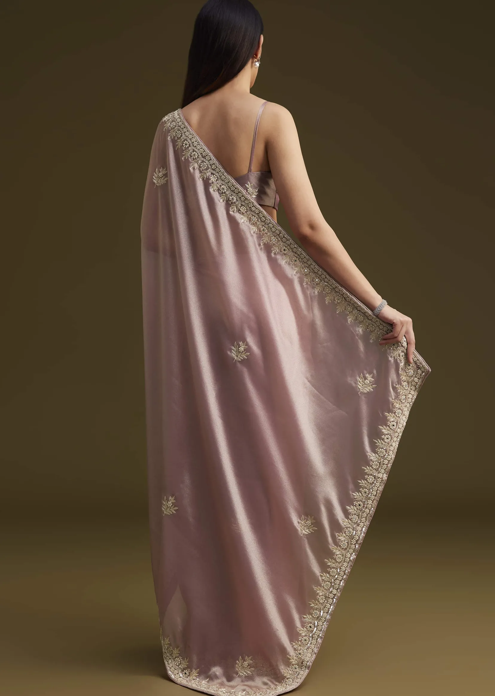 Pink Tissue Saree With Mirror And Sequins Embroidery