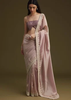 Pink Tissue Saree With Mirror And Sequins Embroidery