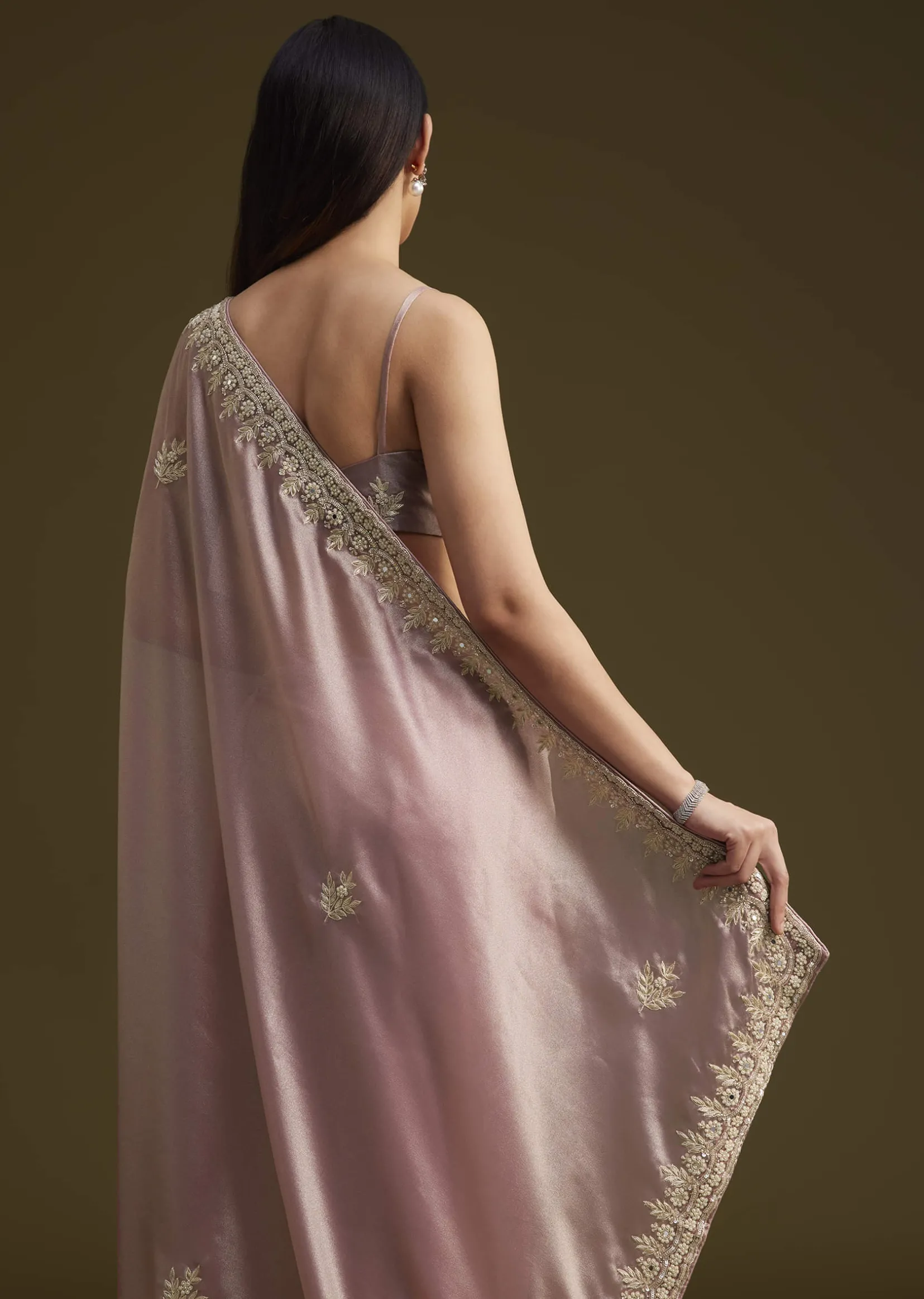 Pink Tissue Saree With Mirror And Sequins Embroidery