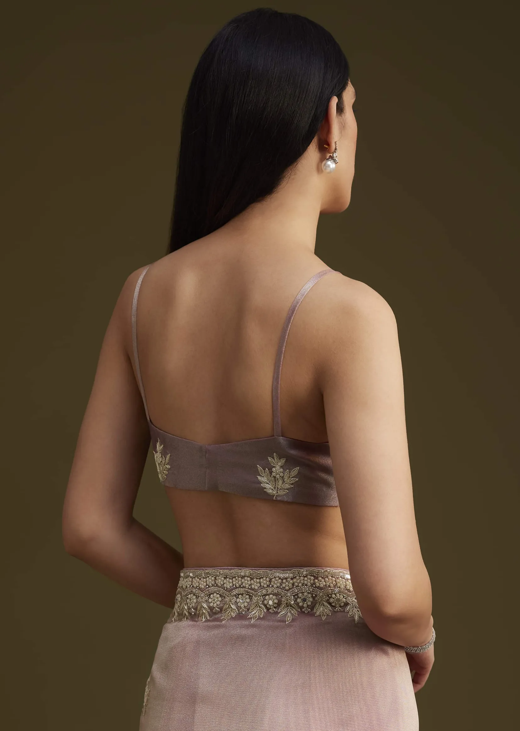 Pink Tissue Saree With Mirror And Sequins Embroidery