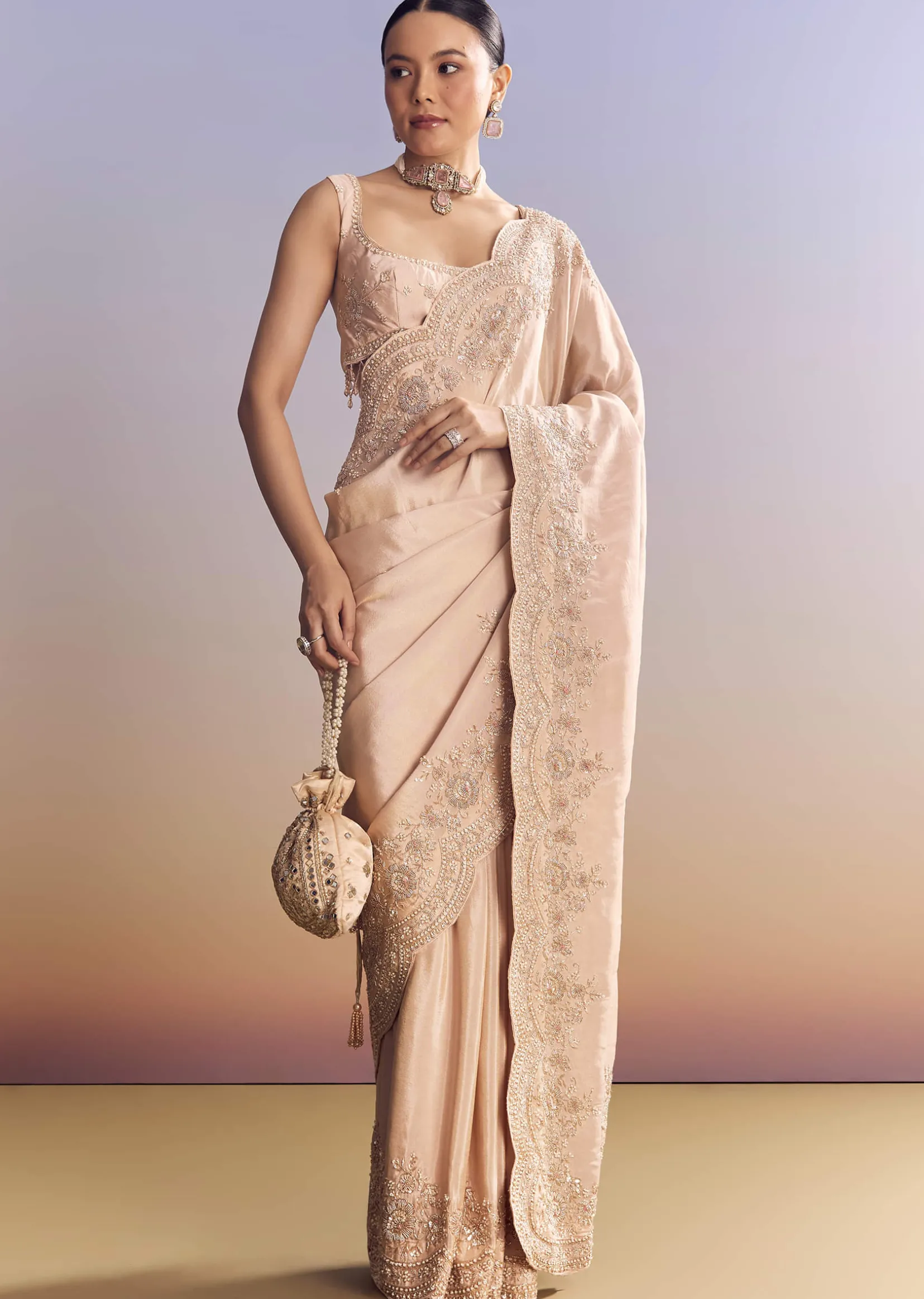 Pink Tissue Saree With Scallop Border