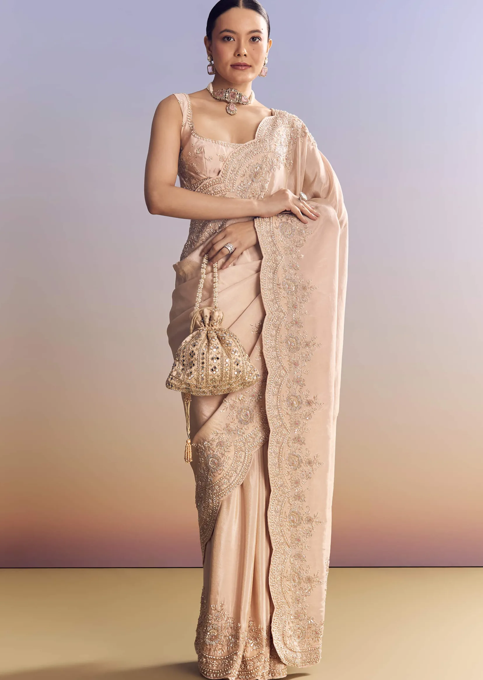 Pink Tissue Saree With Scallop Border