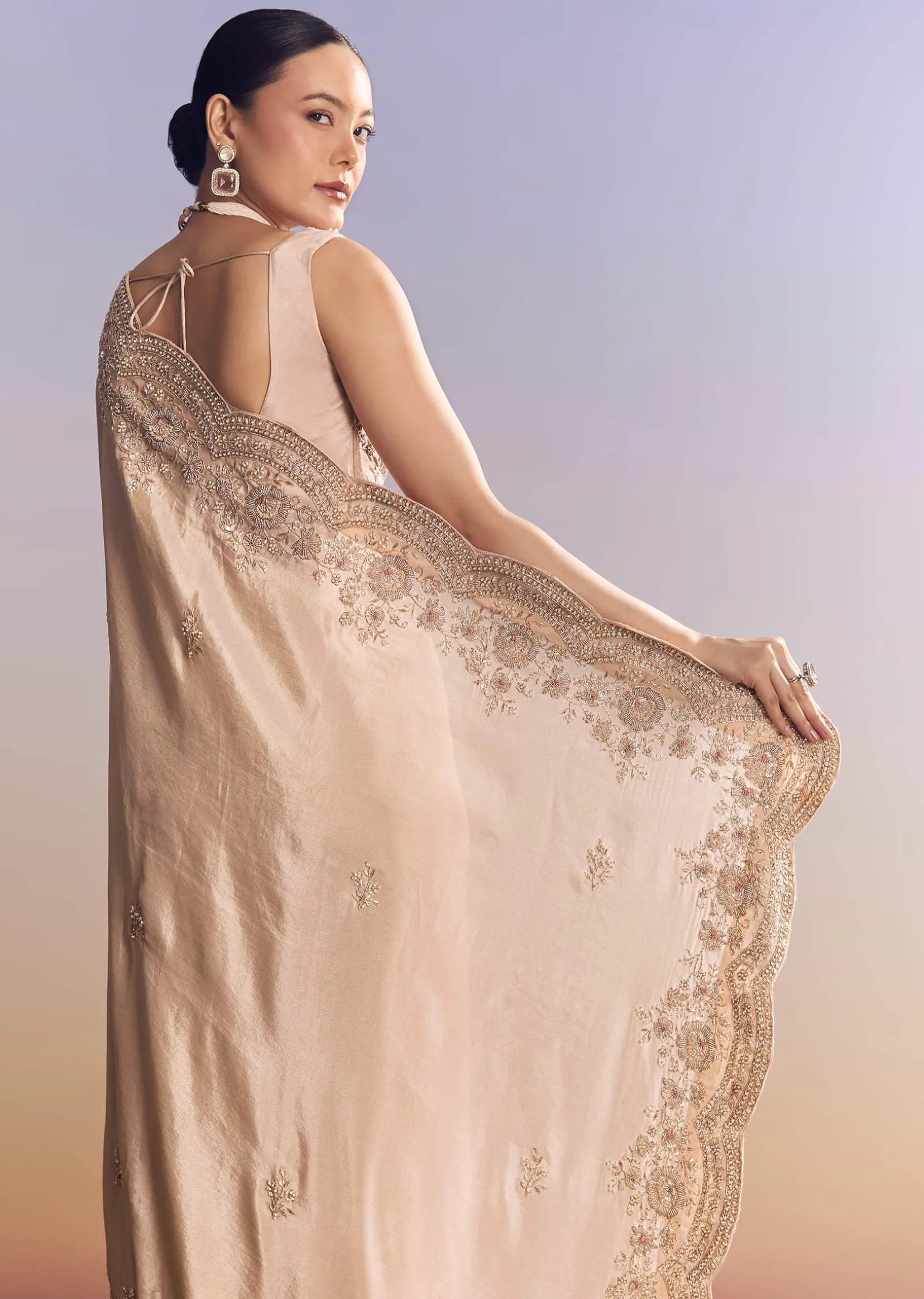 Pink Tissue Saree With Scallop Border