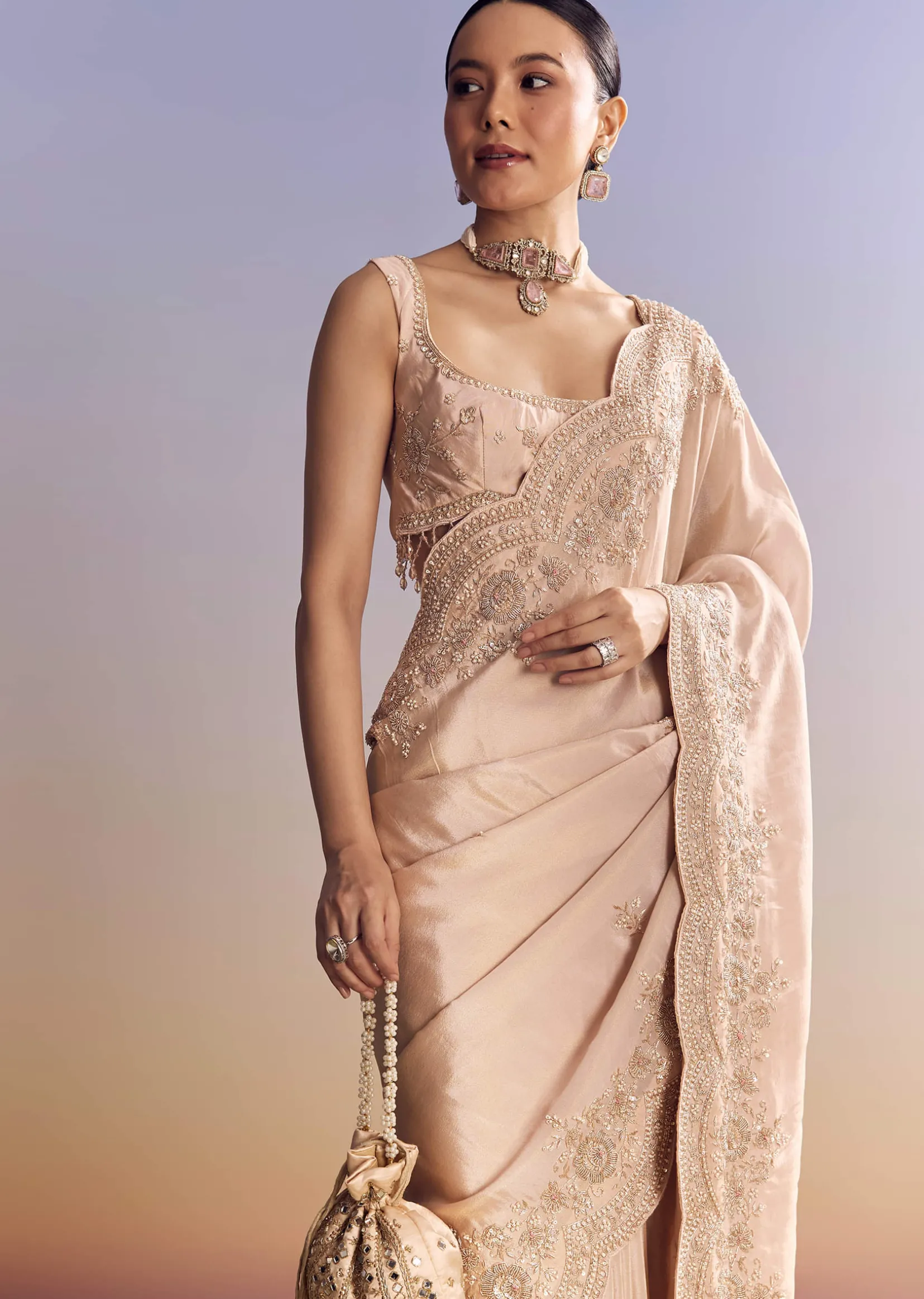 Pink Tissue Saree With Scallop Border