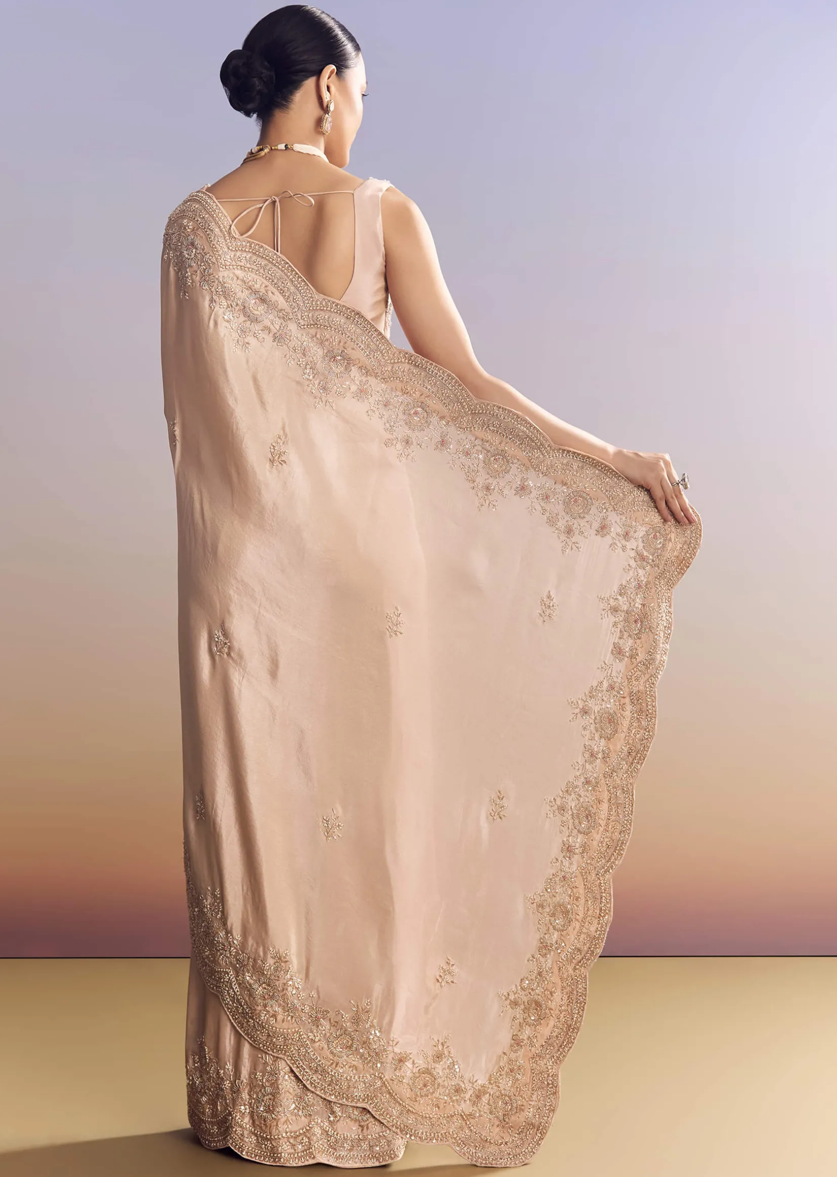 Pink Tissue Saree With Scallop Border