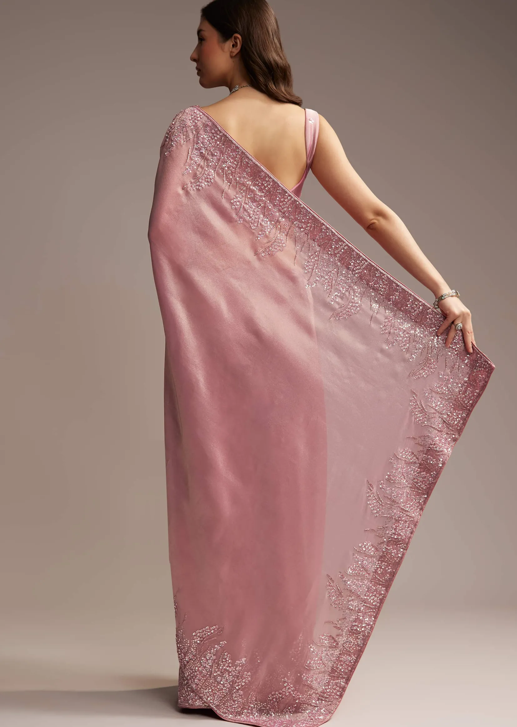 Pink Tissue Saree with Sequins and Cutdana Embroidery