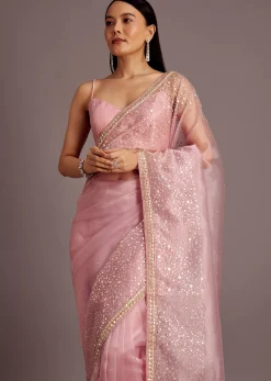 Pink Tissue Saree With Sequins Embellished Border