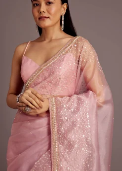 Pink Tissue Saree With Sequins Embellished Border