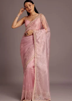 Pink Tissue Saree With Sequins Embellished Border