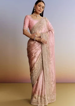 Pink Tissue Saree With Zardosi Moti And Cutdana Blouse
