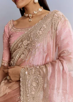 Pink Tissue Saree With Zardosi Moti And Cutdana Blouse
