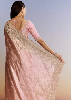 Pink Tissue Saree With Zardosi Moti And Cutdana Blouse