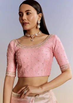 Pink Tissue Saree With Zardosi Moti And Cutdana Blouse