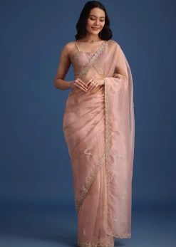 Pink Tissue Silk Cutdana Work Saree With Embellished Scallop Border