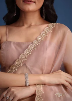 Pink Tissue Silk Cutdana Work Saree With Embellished Scallop Border