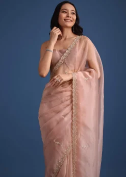 Pink Tissue Silk Cutdana Work Saree With Embellished Scallop Border