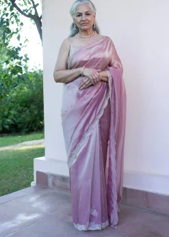 Pink Tissue Silk Embroidered Saree With Embellished Scallop Border