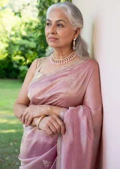 Pink Tissue Silk Embroidered Saree With Embellished Scallop Border