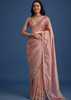 Pink Tissue Silk Embroidered Saree With Embellished Scallop Border