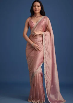 Pink Tissue Silk Embroidered Saree With Embellished Scallop Border