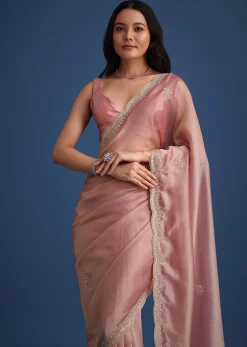 Pink Tissue Silk Embroidered Saree With Embellished Scallop Border