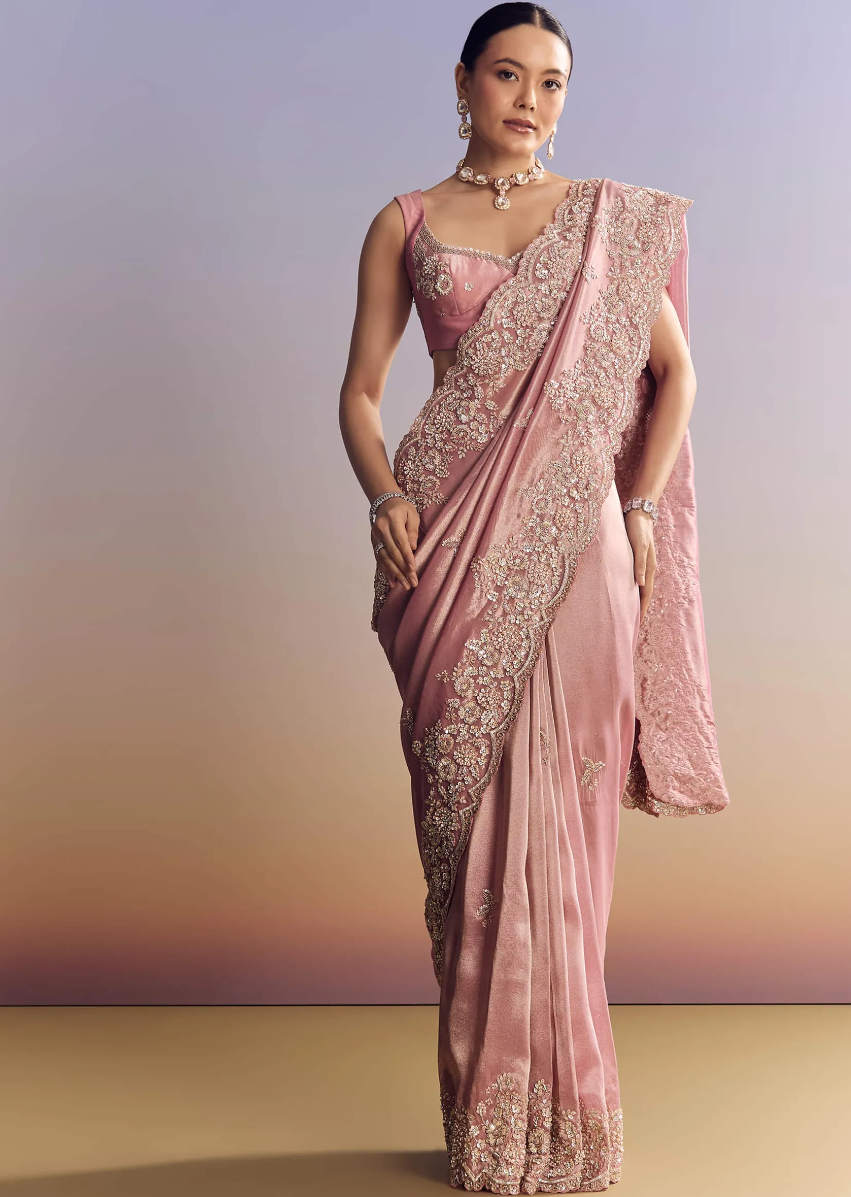 Pink Tissue Silk Saree With Scalloped Border