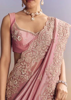 Pink Tissue Silk Saree With Scalloped Border