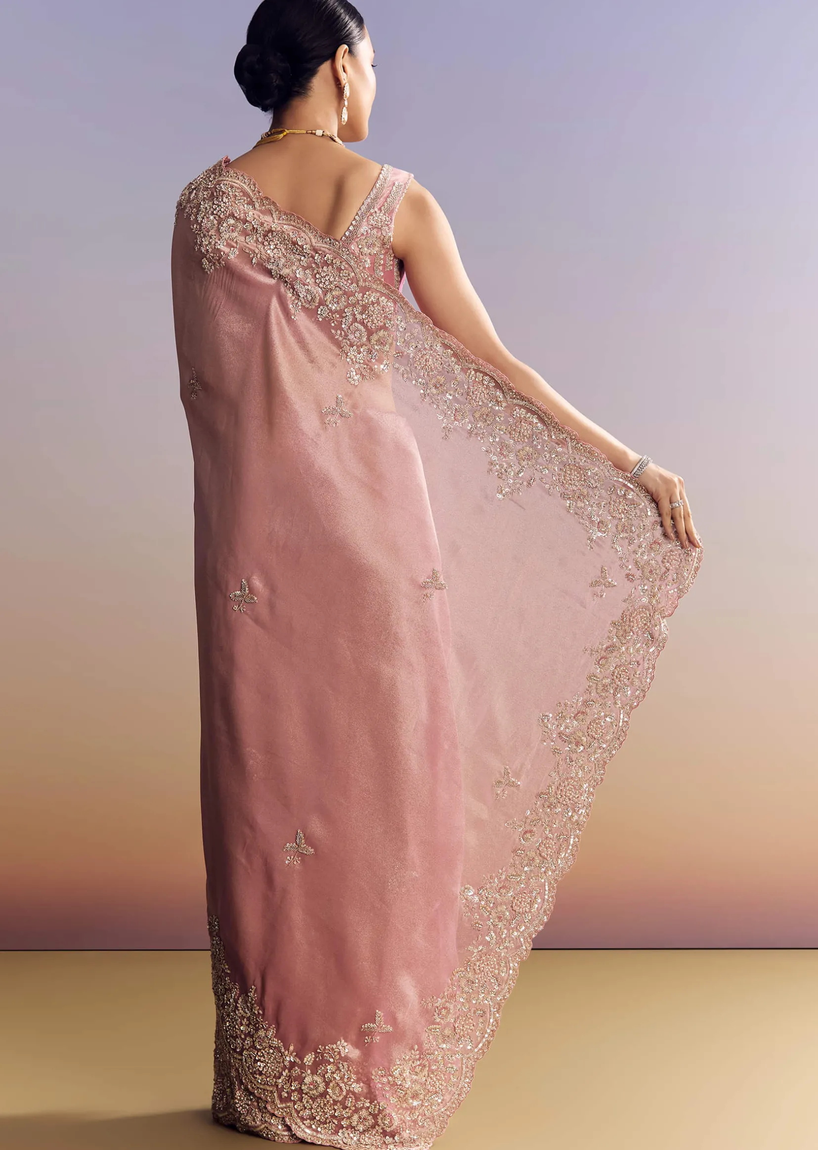 Pink Tissue Silk Saree With Scalloped Border