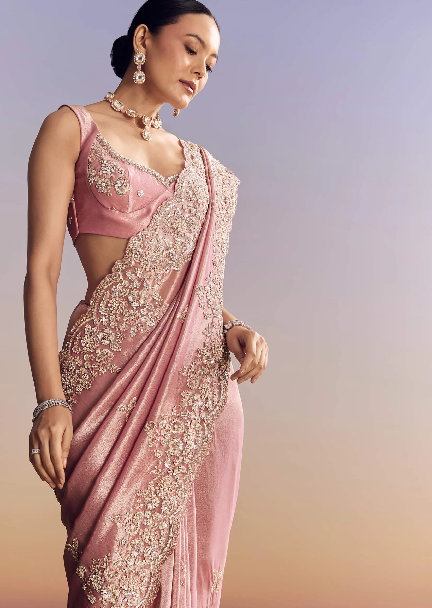 Pink Tissue Silk Saree With Scalloped Border