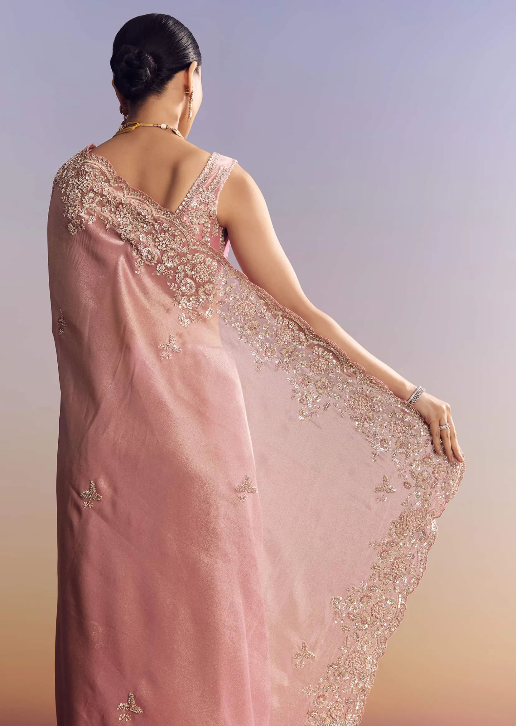 Pink Tissue Silk Saree With Scalloped Border