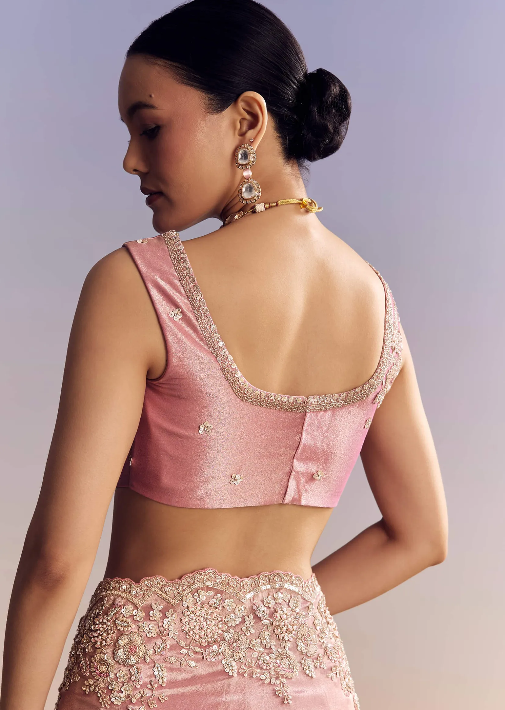 Pink Tissue Silk Saree With Scalloped Border
