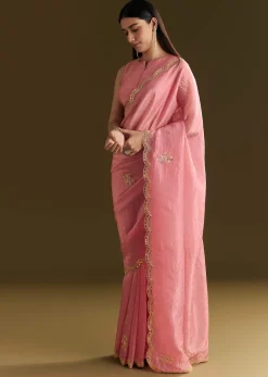 Pink Tissue Zardozi Saree With Scallop Border